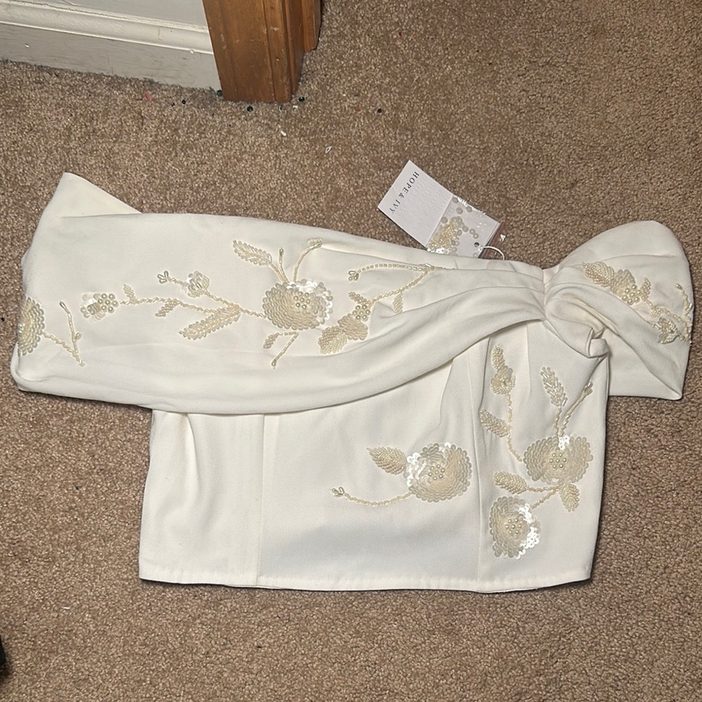 Reformation Off-Shoulder Embroidered Ivory Crop Top